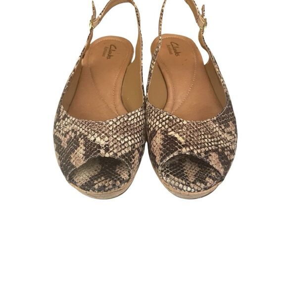 Clarks Artisan Peeptoe Slingback Cork Wedge Snakeskin Sandal Women's Size 9 - Picture 4 of 11